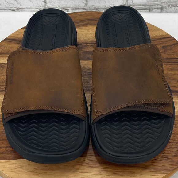 Skechers ArchFit Motley Mens 12 Brown Black Leather Revelo Slide Sandals - Picture 9 of 15